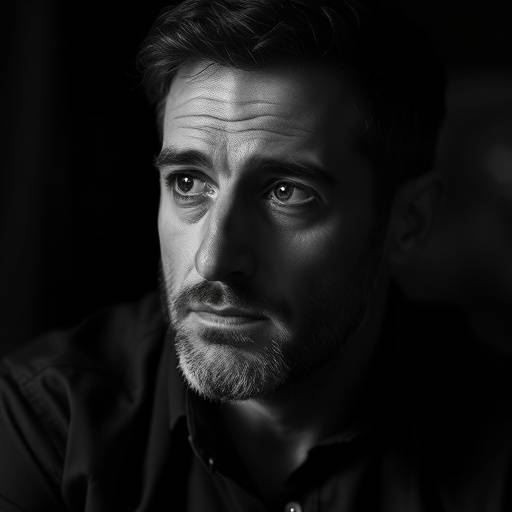 Black and white portrait of a thoughtful man