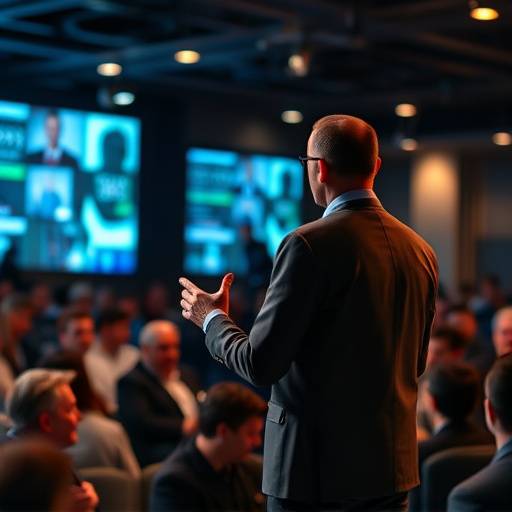 Photo capturing a speaker addressing a crowd at a tech conference